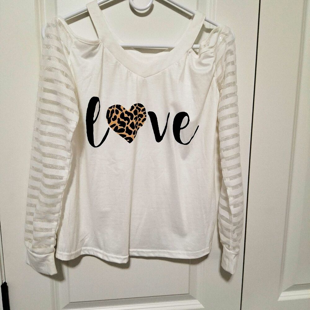 SHEIN Women's White Cold-Shoulder Long Sleeve Love Leopard Heart Top Size Small